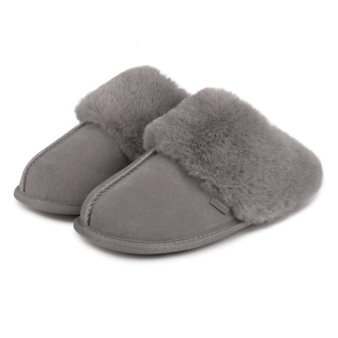 Isotoner® Ladies Real Suede Mule with Fur Cuff Grey Extra Image 1